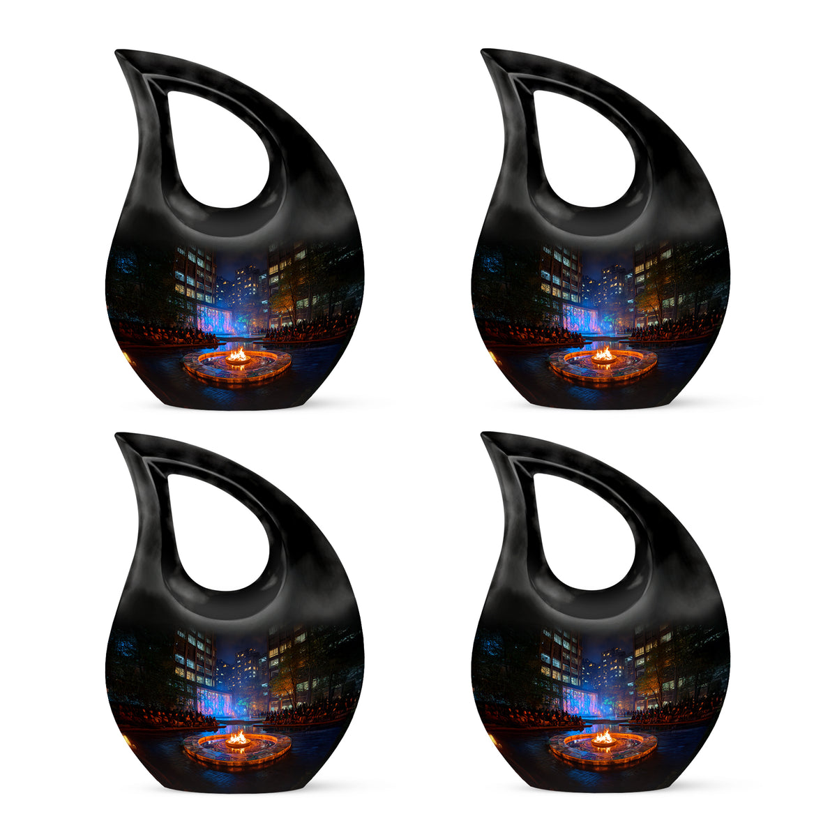 Glossy Black Campfire Cremation Urn lifestyle display on memorial shelf - cross and campfire combined in spiritual memorial design - 10 inch aluminum urn for cremated remains