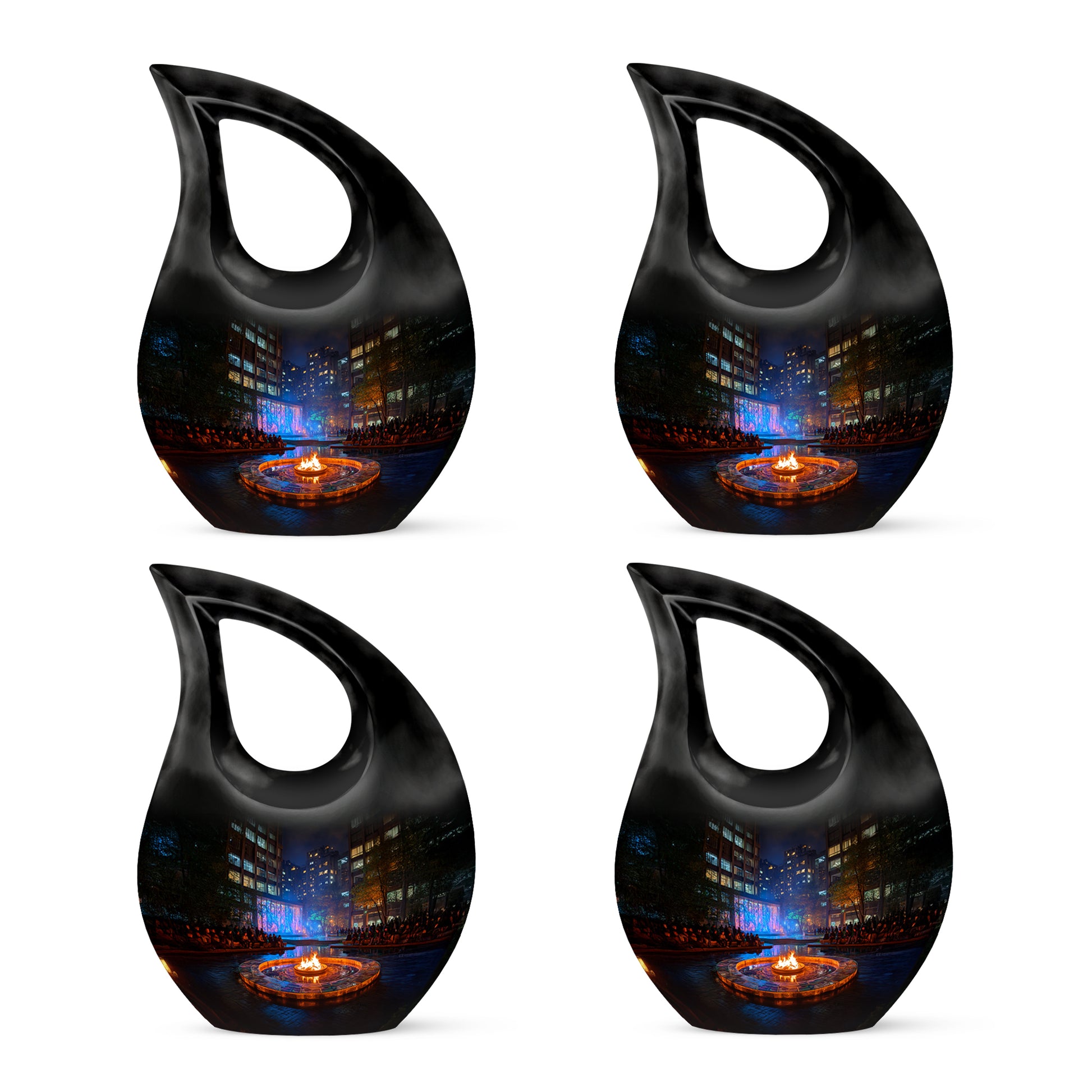 Glossy Black Campfire Cremation Urn lifestyle display on memorial shelf - cross and campfire combined in spiritual memorial design - 10 inch aluminum urn for cremated remains