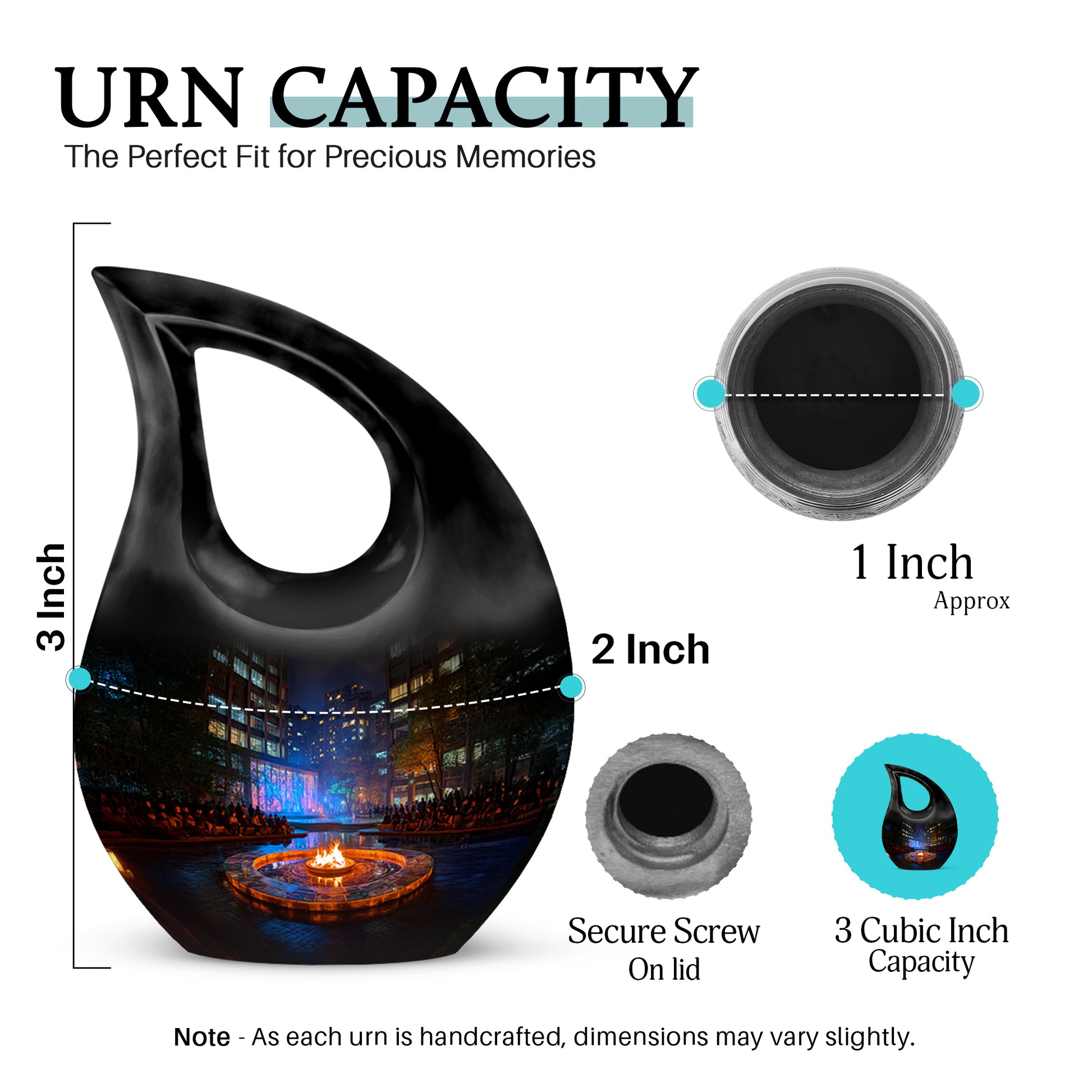 Charcoal Black Campfire Cremation Urn back view with polished surface - faith-inspired cross-drop urn with campfire pattern - mini keepsake memorial for portion of cremation ashes