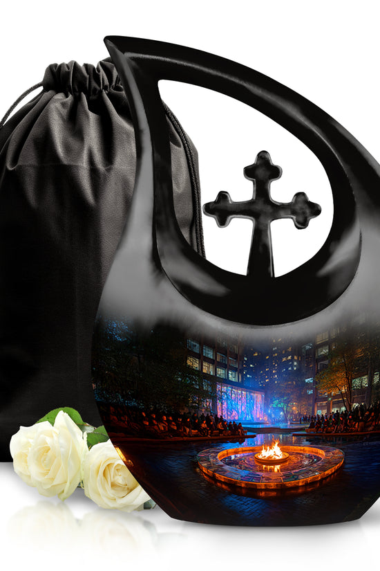 Jet Black Campfire Cremation Urn top-down view of secure threaded lid - sacred cross merged with campfire motif on metal - full-size 10 inch 200 cubic inch adult cremation urn