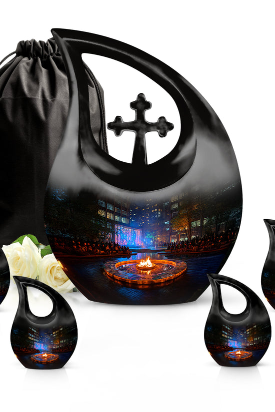 Deep Black Campfire Cremation Urn urn with complimentary velvet bag - cross and campfire combined in spiritual memorial design - memorial set with one large and four small urns