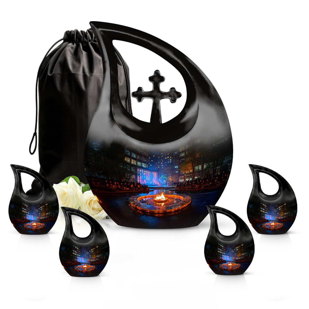 Deep Black Campfire Cremation Urn urn with complimentary velvet bag - cross and campfire combined in spiritual memorial design - memorial set with one large and four small urns