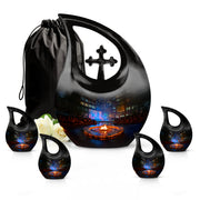 Deep Black Campfire Cremation Urn urn with complimentary velvet bag - cross and campfire combined in spiritual memorial design - memorial set with one large and four small urns
