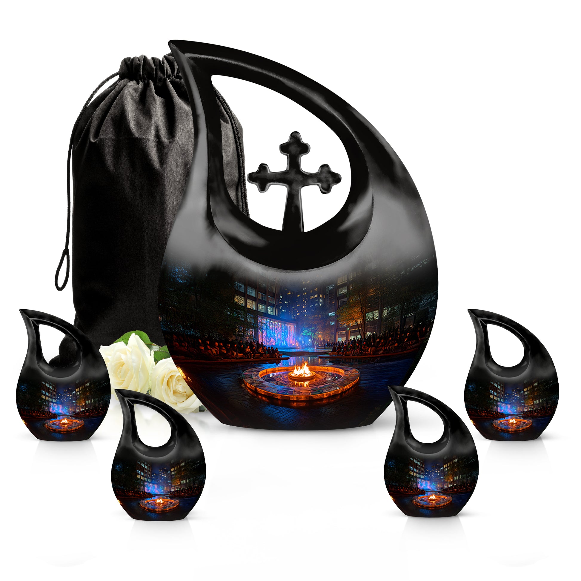 Deep Black Campfire Cremation Urn urn with complimentary velvet bag - cross and campfire combined in spiritual memorial design - memorial set with one large and four small urns