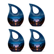 Cornflower Blue Campfire Cremation Urn lifestyle display on memorial shelf - faith-inspired cross-drop urn with campfire pattern - 10 inch aluminum urn for cremated remains