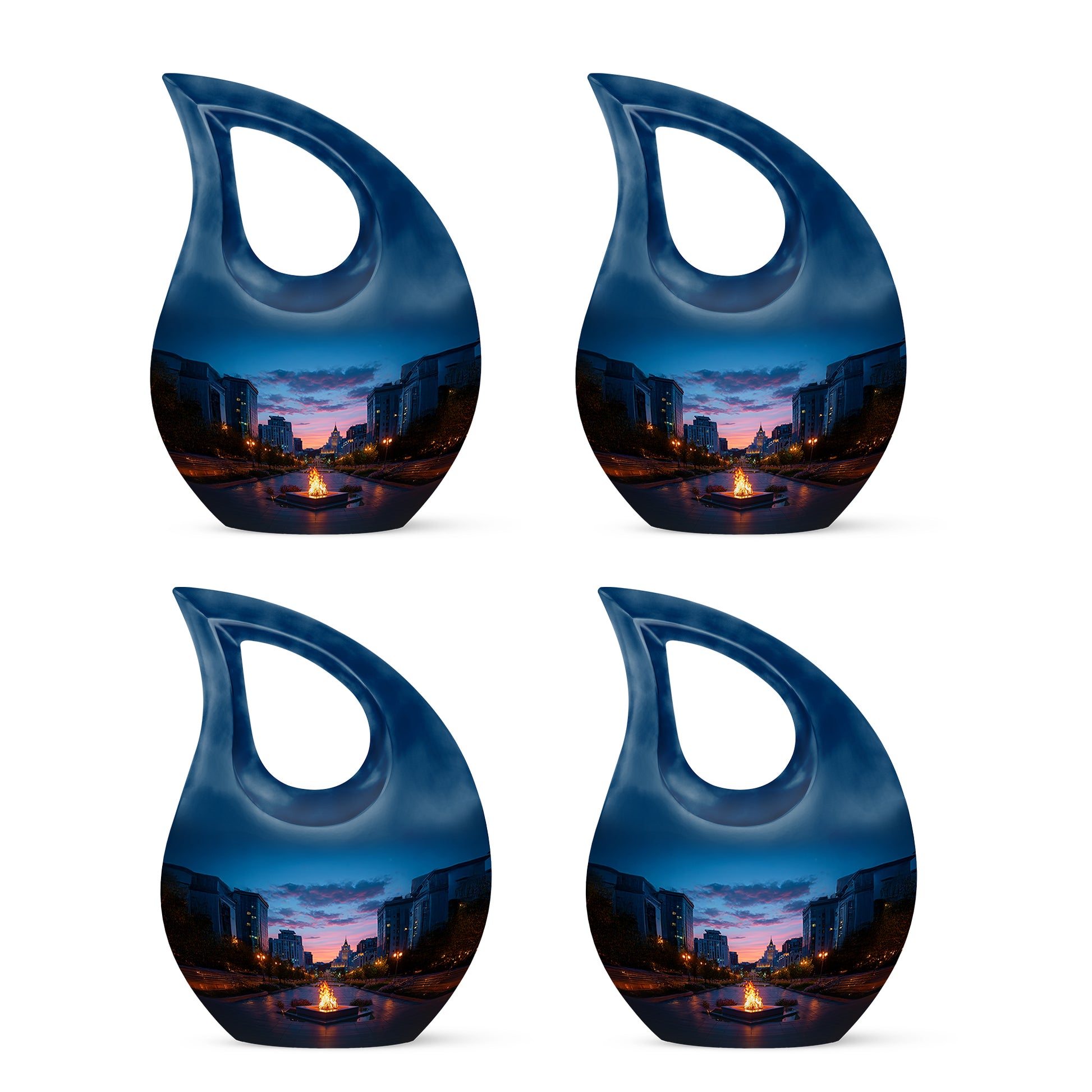 Cornflower Blue Campfire Cremation Urn lifestyle display on memorial shelf - faith-inspired cross-drop urn with campfire pattern - 10 inch aluminum urn for cremated remains