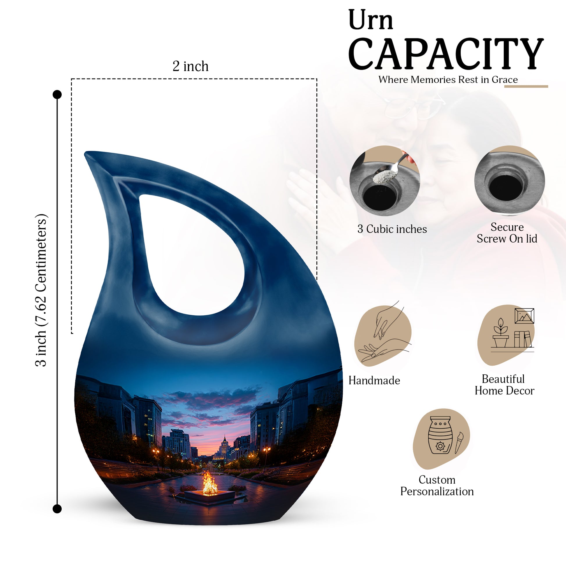Misty Blue Campfire Cremation Urn back view with polished surface - sacred cross merged with campfire motif on metal - mini keepsake memorial for portion of cremation ashes