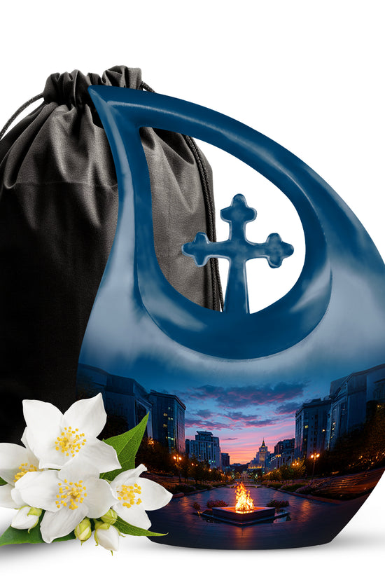 Azure Campfire Cremation Urn top-down view of secure threaded lid - sacred cross merged with campfire motif on metal - full-size 10 inch 200 cubic inch adult cremation urn