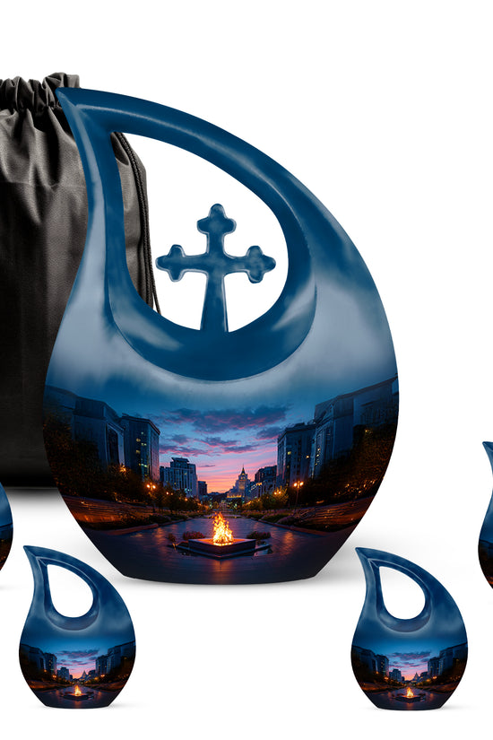 Twilight Blue Campfire Cremation Urn urn with complimentary velvet bag - devotional cross-drop campfire engraving - memorial set with one large and four small urns
