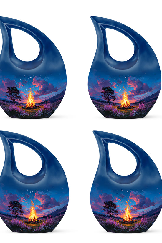 Serene Blue Campfire Cremation Urn lifestyle display on memorial shelf - faith-inspired cross-drop urn with campfire pattern - 10 inch aluminum urn for cremated remains