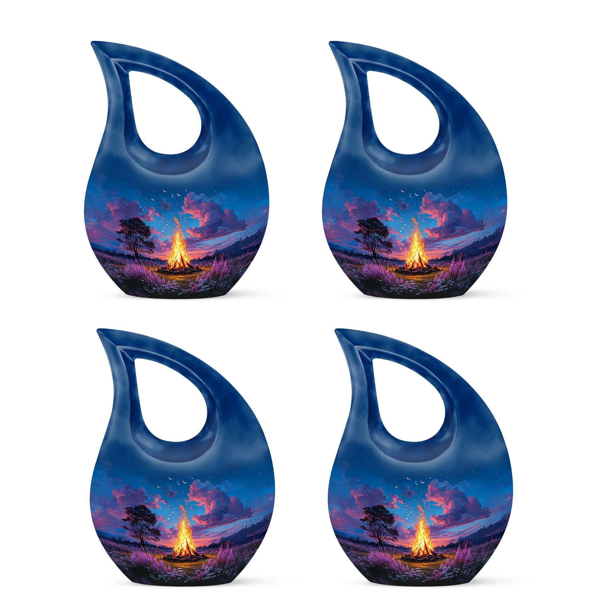 Serene Blue Campfire Cremation Urn lifestyle display on memorial shelf - faith-inspired cross-drop urn with campfire pattern - 10 inch aluminum urn for cremated remains