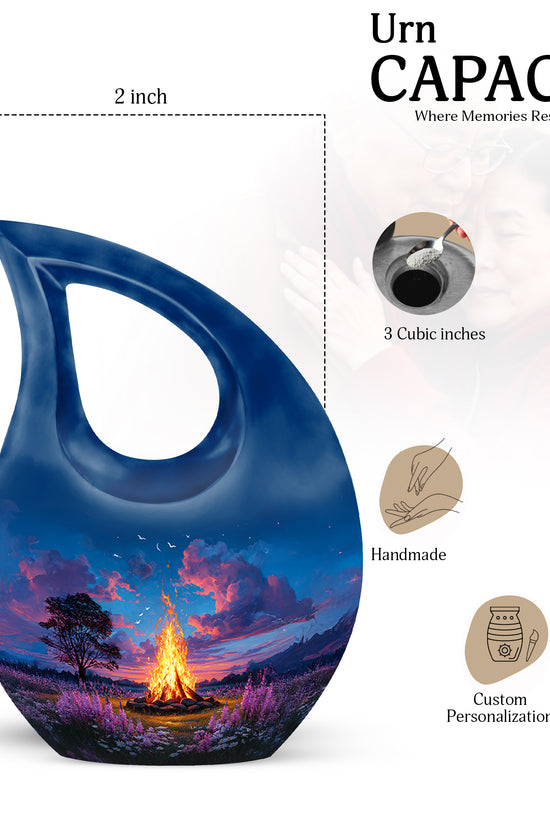 Cobalt Blue Campfire Cremation Urn back view with polished surface - devotional cross-drop campfire engraving - mini keepsake memorial for portion of cremation ashes