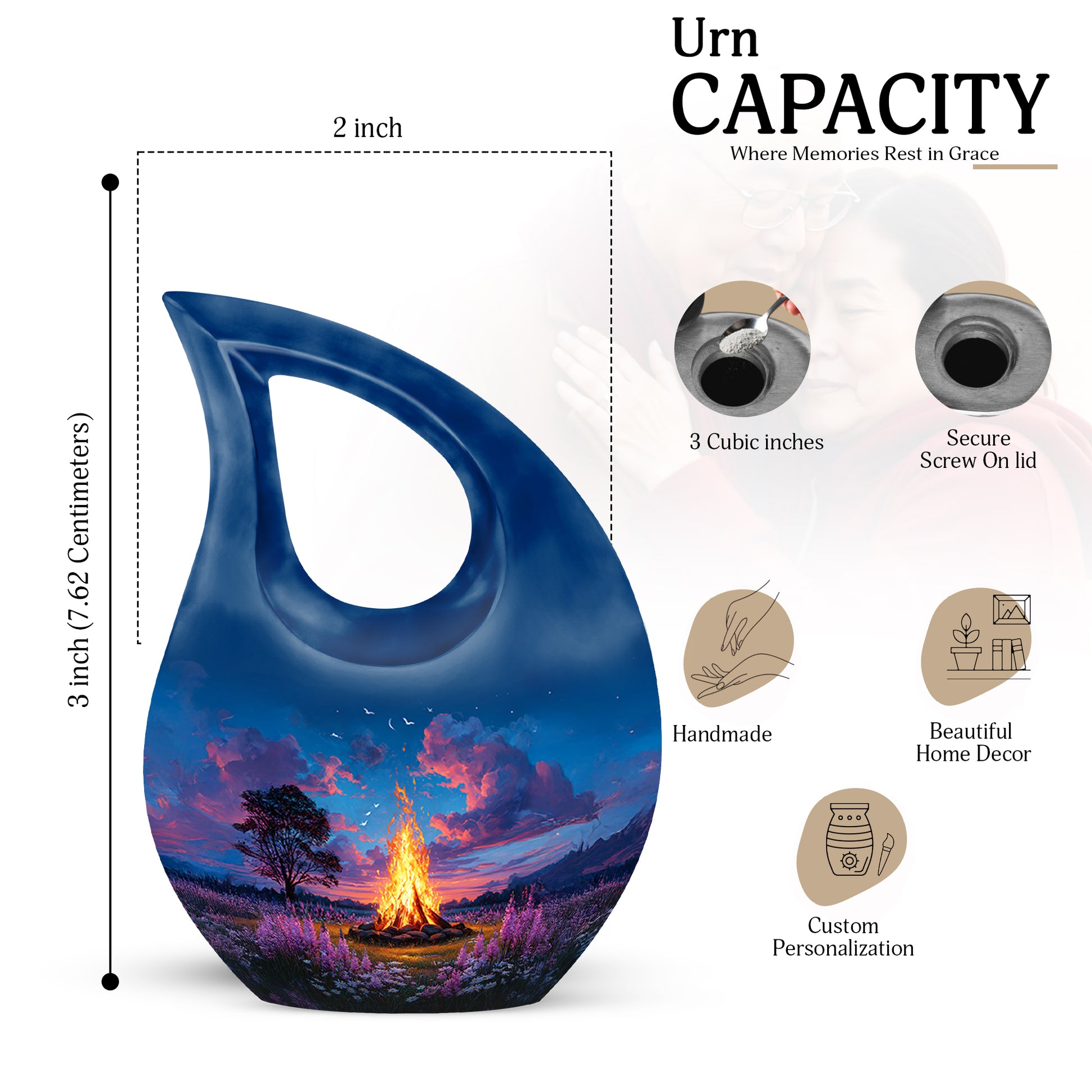 Cobalt Blue Campfire Cremation Urn back view with polished surface - devotional cross-drop campfire engraving - mini keepsake memorial for portion of cremation ashes