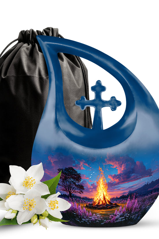 Bright Blue Campfire Cremation Urn top-down view of secure threaded lid - devotional cross-drop campfire engraving - full-size 10 inch 200 cubic inch adult cremation urn