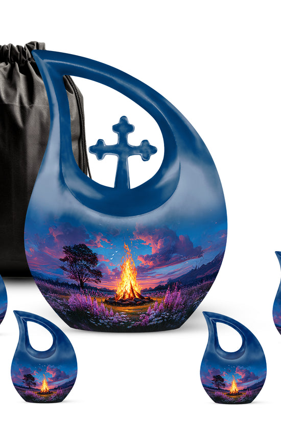 Bright Blue Campfire Cremation Urn urn with complimentary velvet bag - devotional cross-drop campfire engraving - memorial set with one large and four small urns