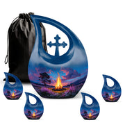 Bright Blue Campfire Cremation Urn urn with complimentary velvet bag - devotional cross-drop campfire engraving - memorial set with one large and four small urns