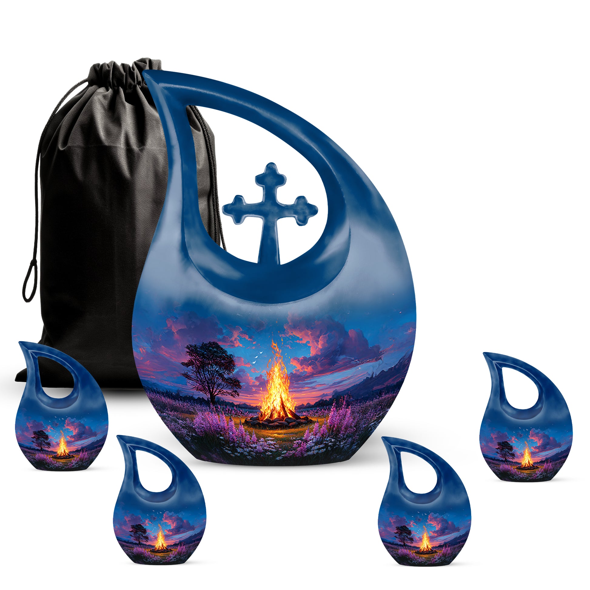 Bright Blue Campfire Cremation Urn urn with complimentary velvet bag - devotional cross-drop campfire engraving - memorial set with one large and four small urns