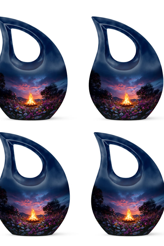 Vivid Blue Campfire Cremation Urn lifestyle display on memorial shelf - faith-inspired cross-drop urn with campfire pattern - 10 inch aluminum urn for cremated remains
