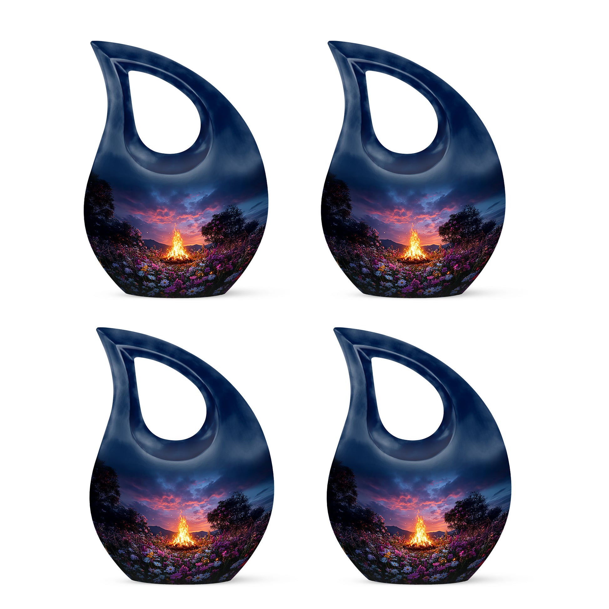 Vivid Blue Campfire Cremation Urn lifestyle display on memorial shelf - faith-inspired cross-drop urn with campfire pattern - 10 inch aluminum urn for cremated remains