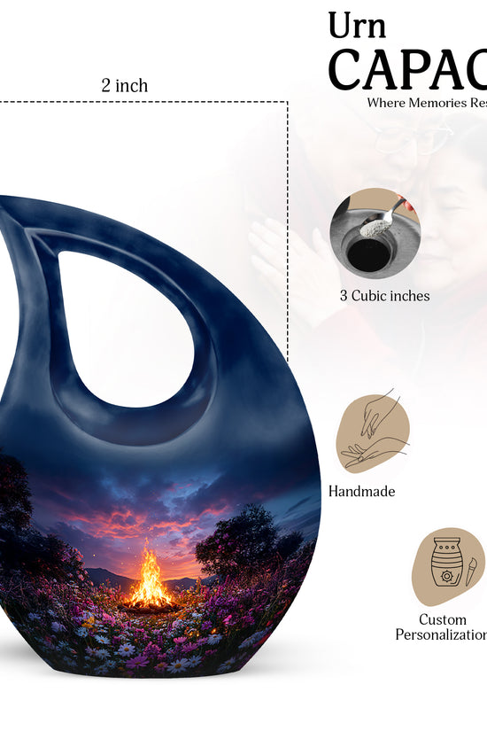 Icy Blue Campfire Cremation Urn back view with polished surface - cross and campfire combined in spiritual memorial design - mini keepsake memorial for portion of cremation ashes