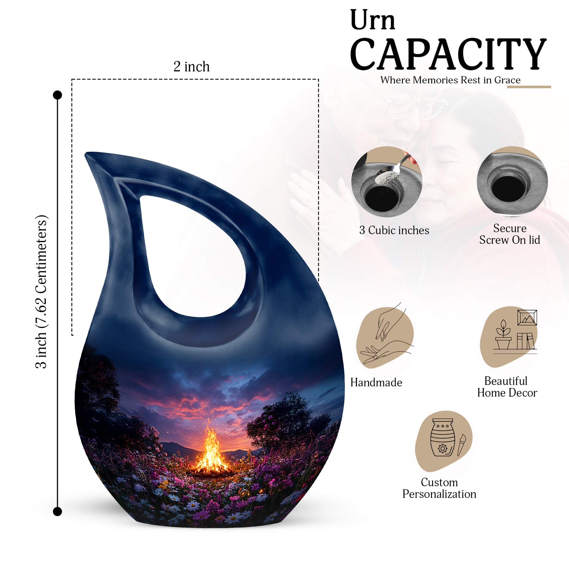Icy Blue Campfire Cremation Urn back view with polished surface - cross and campfire combined in spiritual memorial design - mini keepsake memorial for portion of cremation ashes