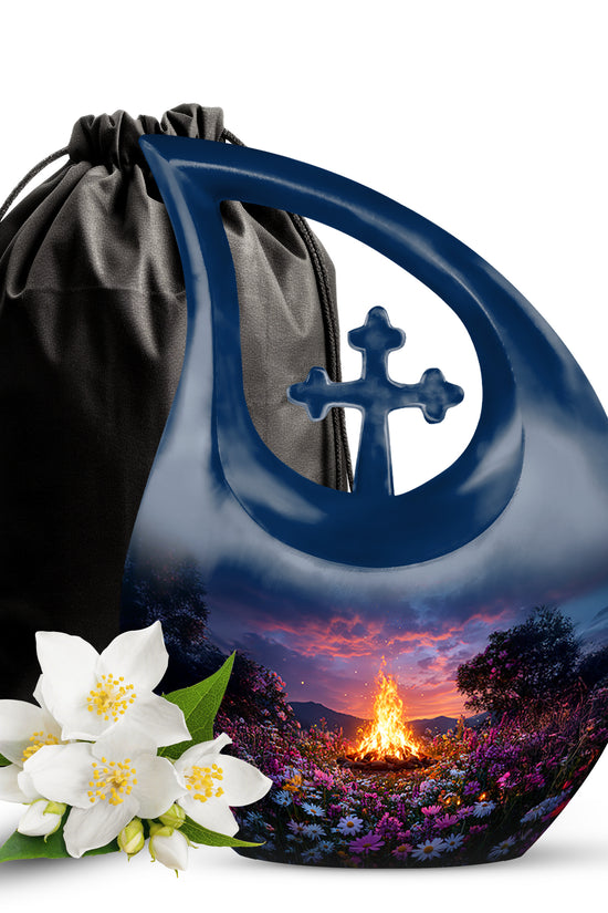 Azure Campfire Cremation Urn top-down view of secure threaded lid - cross and campfire combined in spiritual memorial design - full-size 10 inch 200 cubic inch adult cremation urn