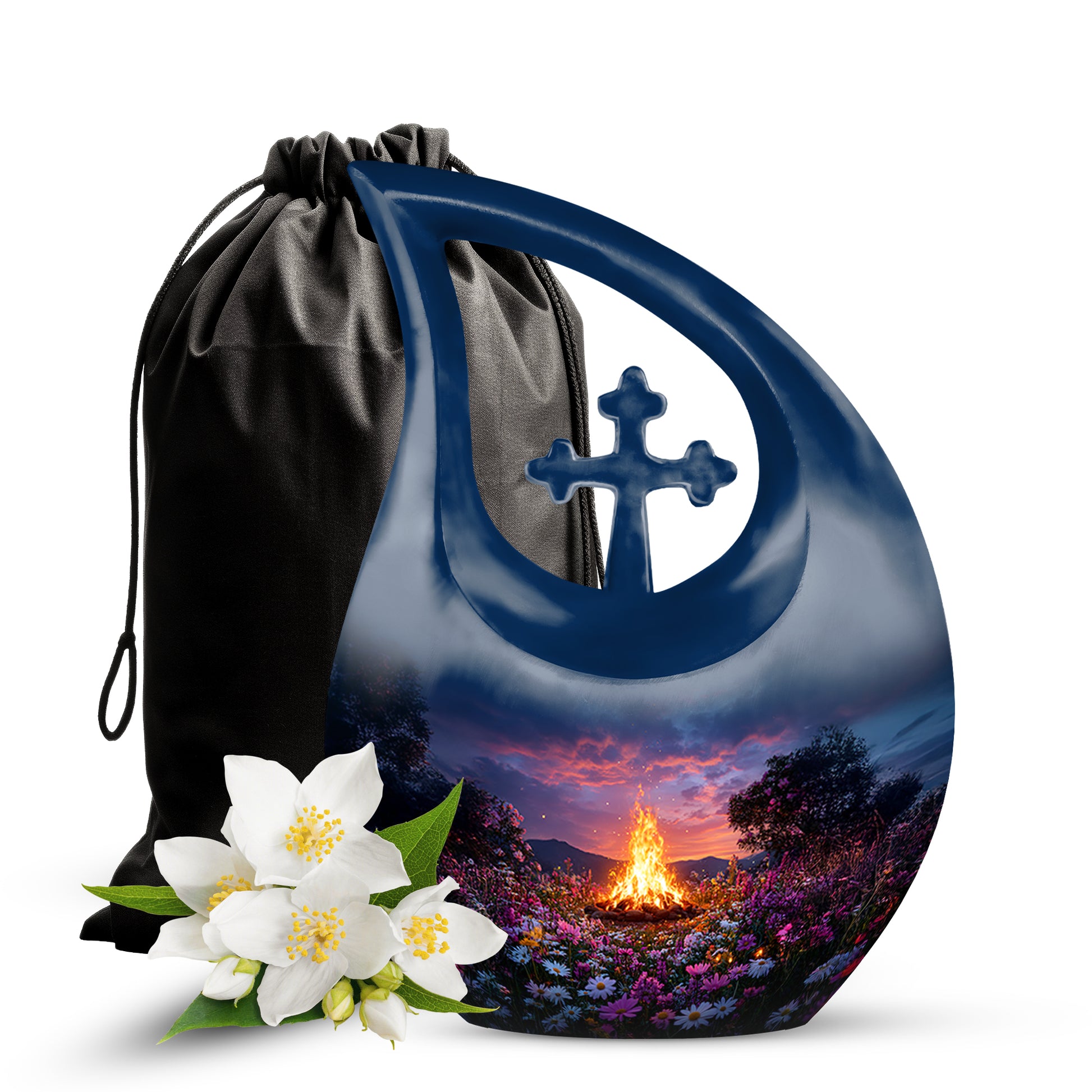 Azure Campfire Cremation Urn top-down view of secure threaded lid - cross and campfire combined in spiritual memorial design - full-size 10 inch 200 cubic inch adult cremation urn