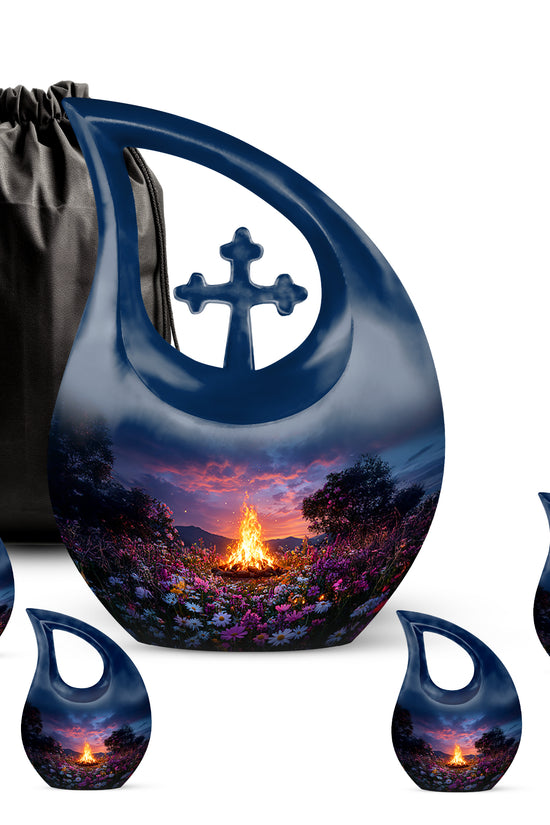 Twilight Blue Campfire Cremation Urn urn with complimentary velvet bag - devotional cross-drop campfire engraving - memorial set with one large and four small urns