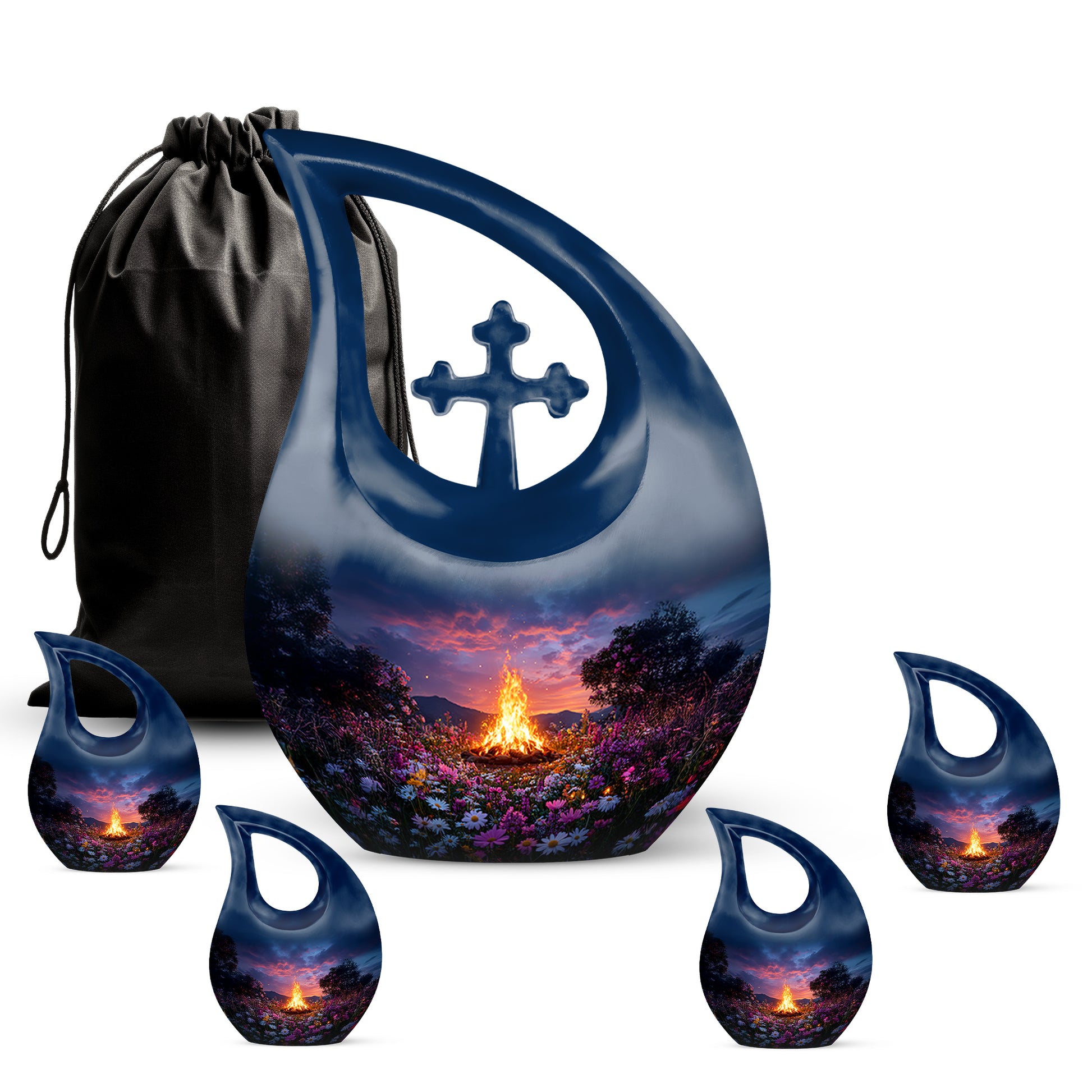 Twilight Blue Campfire Cremation Urn urn with complimentary velvet bag - devotional cross-drop campfire engraving - memorial set with one large and four small urns
