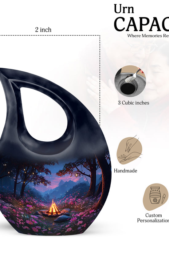 Celestial Blue Campfire Cremation Urn back view with polished surface - sacred cross merged with campfire motif on metal - mini keepsake memorial for portion of cremation ashes