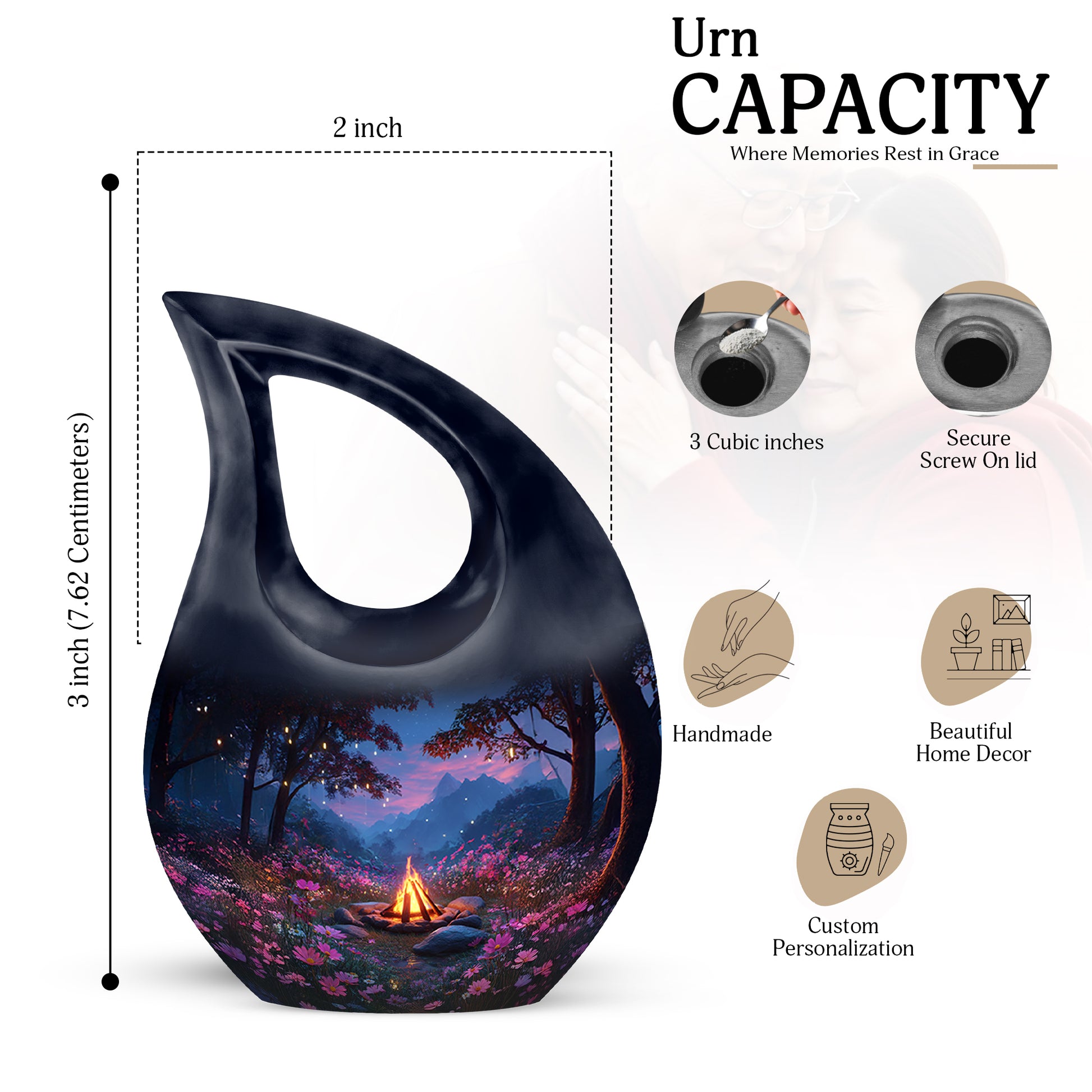 Celestial Blue Campfire Cremation Urn back view with polished surface - sacred cross merged with campfire motif on metal - mini keepsake memorial for portion of cremation ashes