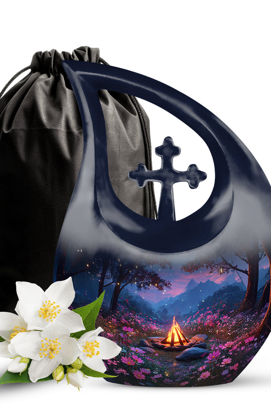 Steel Blue Campfire Cremation Urn top-down view of secure threaded lid - devotional cross-drop campfire engraving - full-size 10 inch 200 cubic inch adult cremation urn