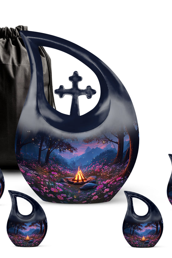 Dusty Blue Campfire Cremation Urn urn with complimentary velvet bag - sacred cross merged with campfire motif on metal - memorial set with one large and four small urns