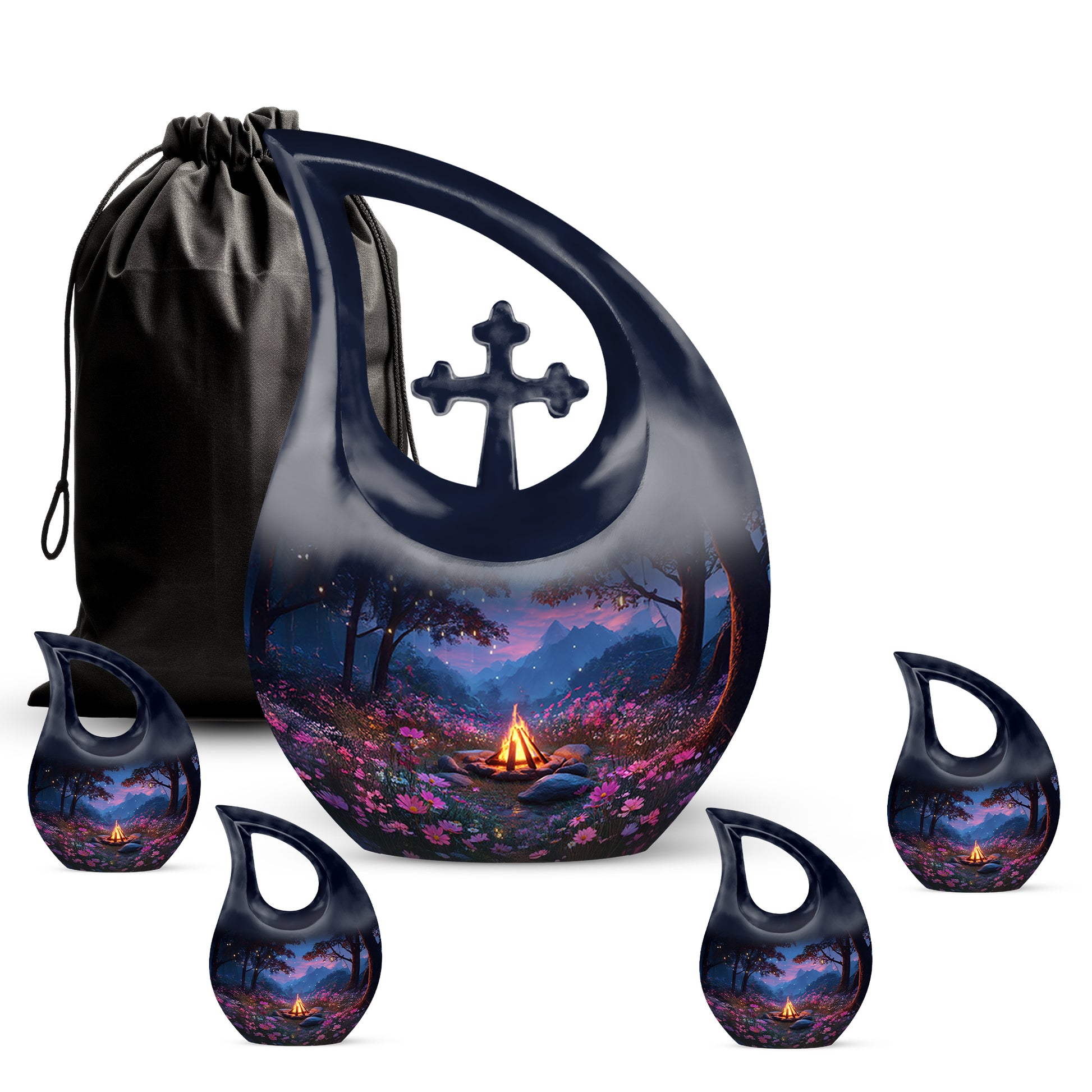 Dusty Blue Campfire Cremation Urn urn with complimentary velvet bag - sacred cross merged with campfire motif on metal - memorial set with one large and four small urns
