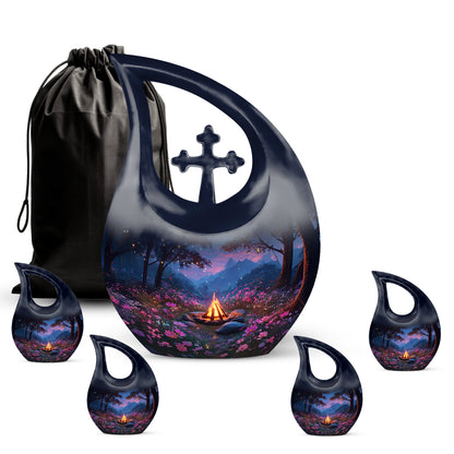 Dusty Blue Campfire Cremation Urn urn with complimentary velvet bag - sacred cross merged with campfire motif on metal - memorial set with one large and four small urns