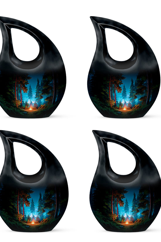 Rich Black Campfire Cremation Urn lifestyle display on memorial shelf - cross and campfire combined in spiritual memorial design - 10 inch aluminum urn for cremated remains