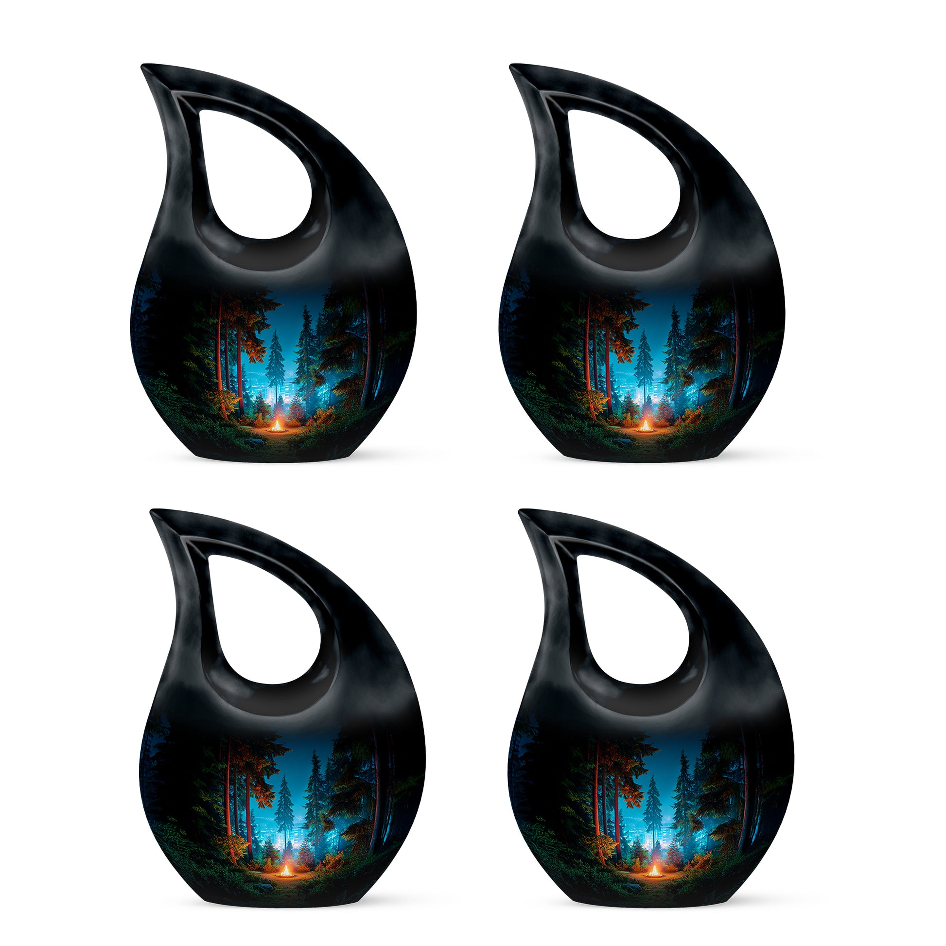 Rich Black Campfire Cremation Urn lifestyle display on memorial shelf - cross and campfire combined in spiritual memorial design - 10 inch aluminum urn for cremated remains
