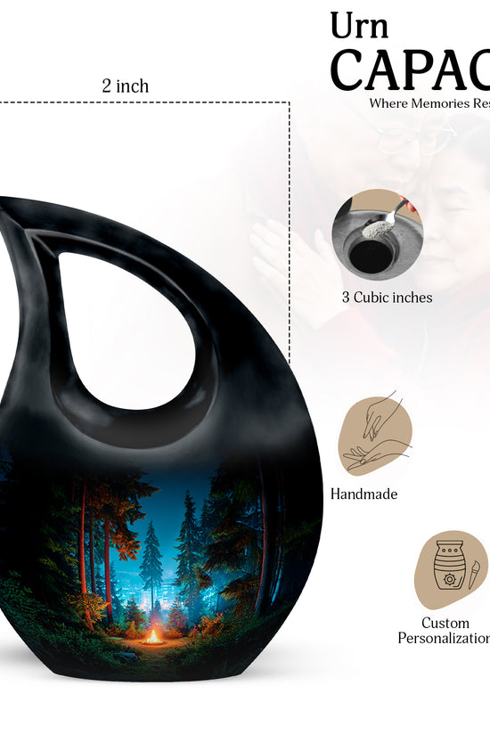 Glossy Black Campfire Cremation Urn back view with polished surface - cross and campfire combined in spiritual memorial design - mini keepsake memorial for portion of cremation ashes