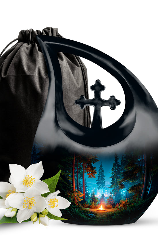 Midnight Black Campfire Cremation Urn top-down view of secure threaded lid - devotional cross-drop campfire engraving - full-size 10 inch 200 cubic inch adult cremation urn