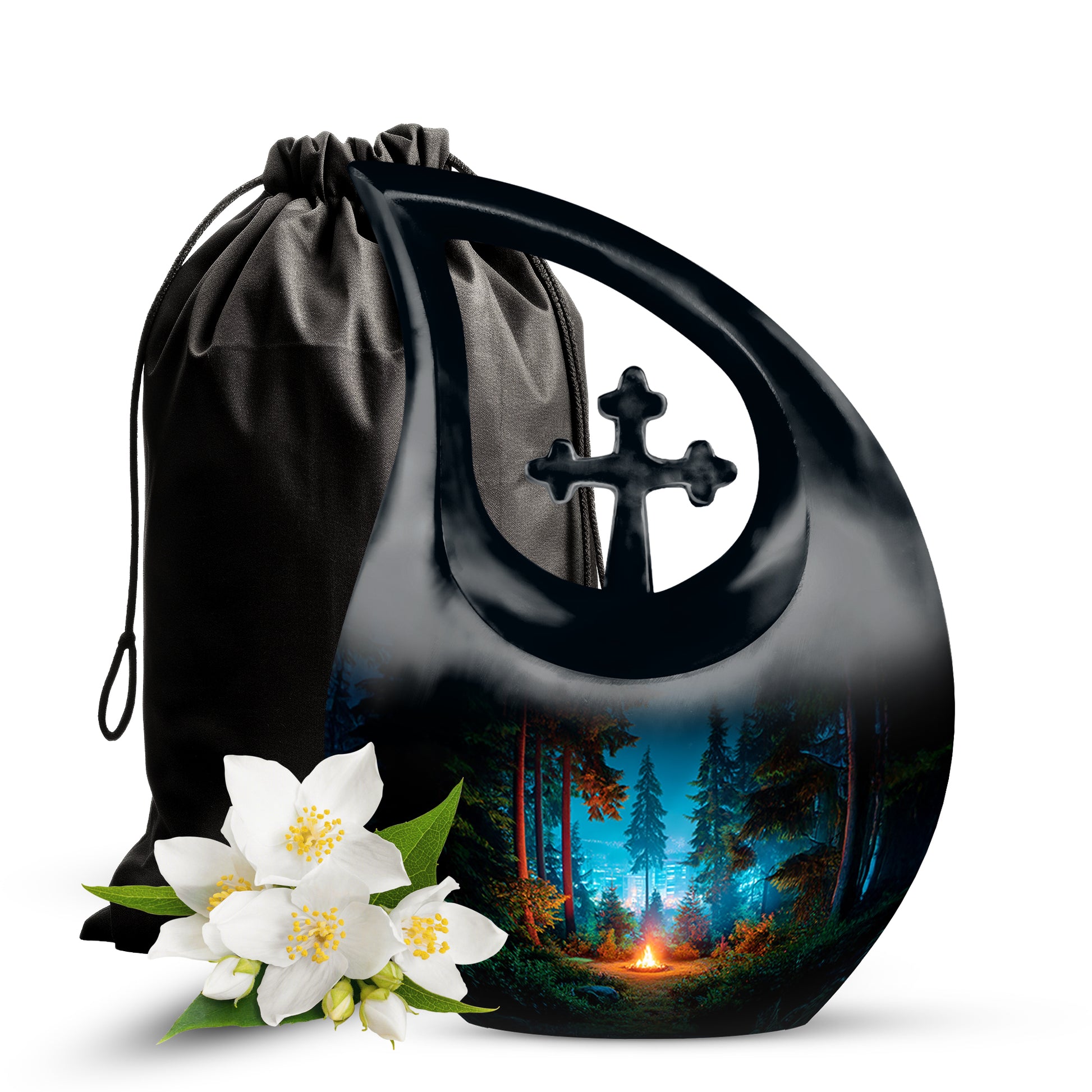 Midnight Black Campfire Cremation Urn top-down view of secure threaded lid - devotional cross-drop campfire engraving - full-size 10 inch 200 cubic inch adult cremation urn