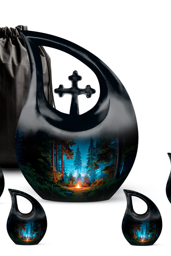 Charcoal Black Campfire Cremation Urn urn with complimentary velvet bag - faith-inspired cross-drop urn with campfire pattern - memorial set with one large and four small urns
