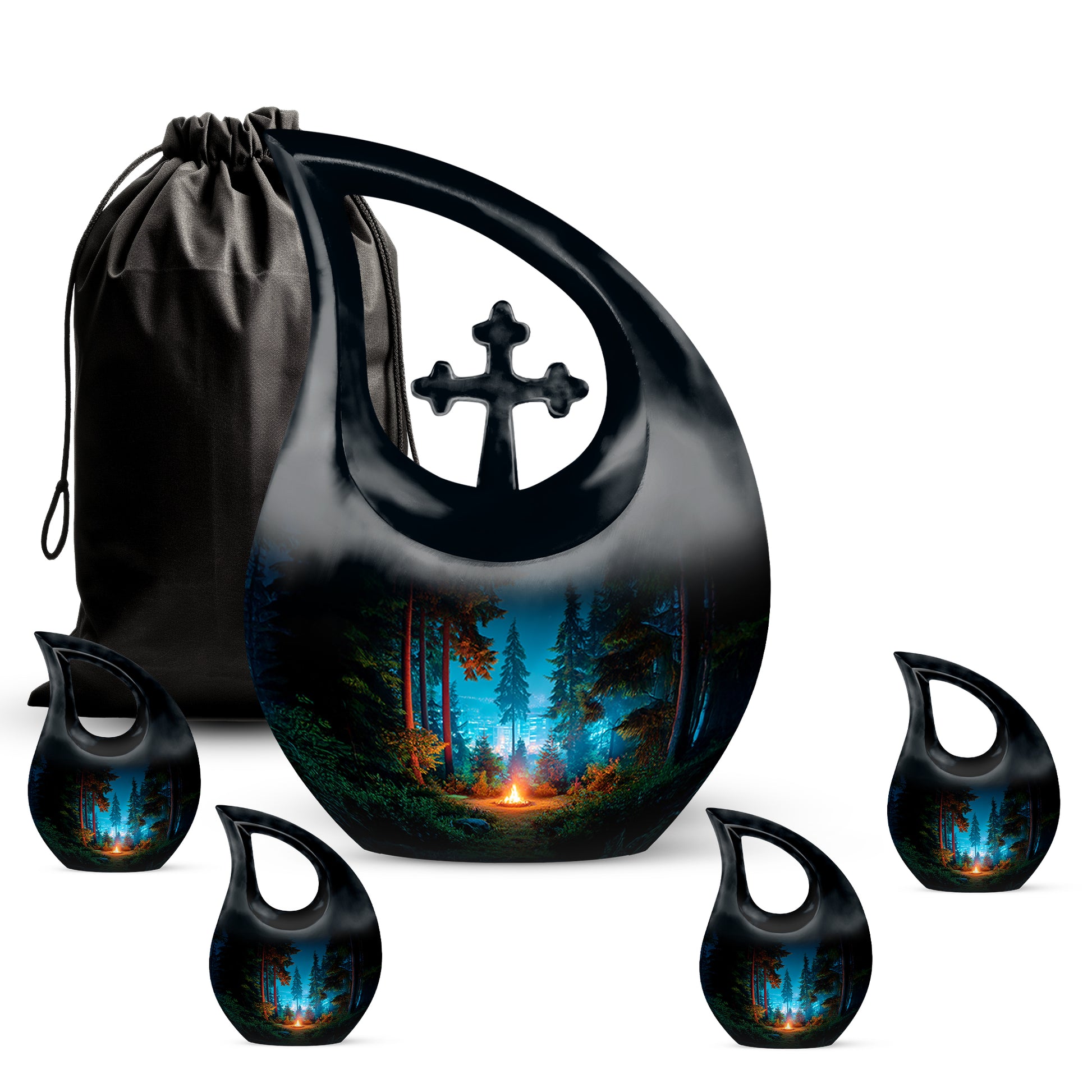 Charcoal Black Campfire Cremation Urn urn with complimentary velvet bag - faith-inspired cross-drop urn with campfire pattern - memorial set with one large and four small urns