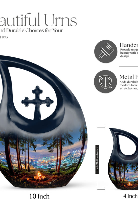 Cornflower Blue Campfire Cremation Urn back view with polished surface - devotional cross-drop campfire engraving - mini keepsake memorial for portion of cremation ashes