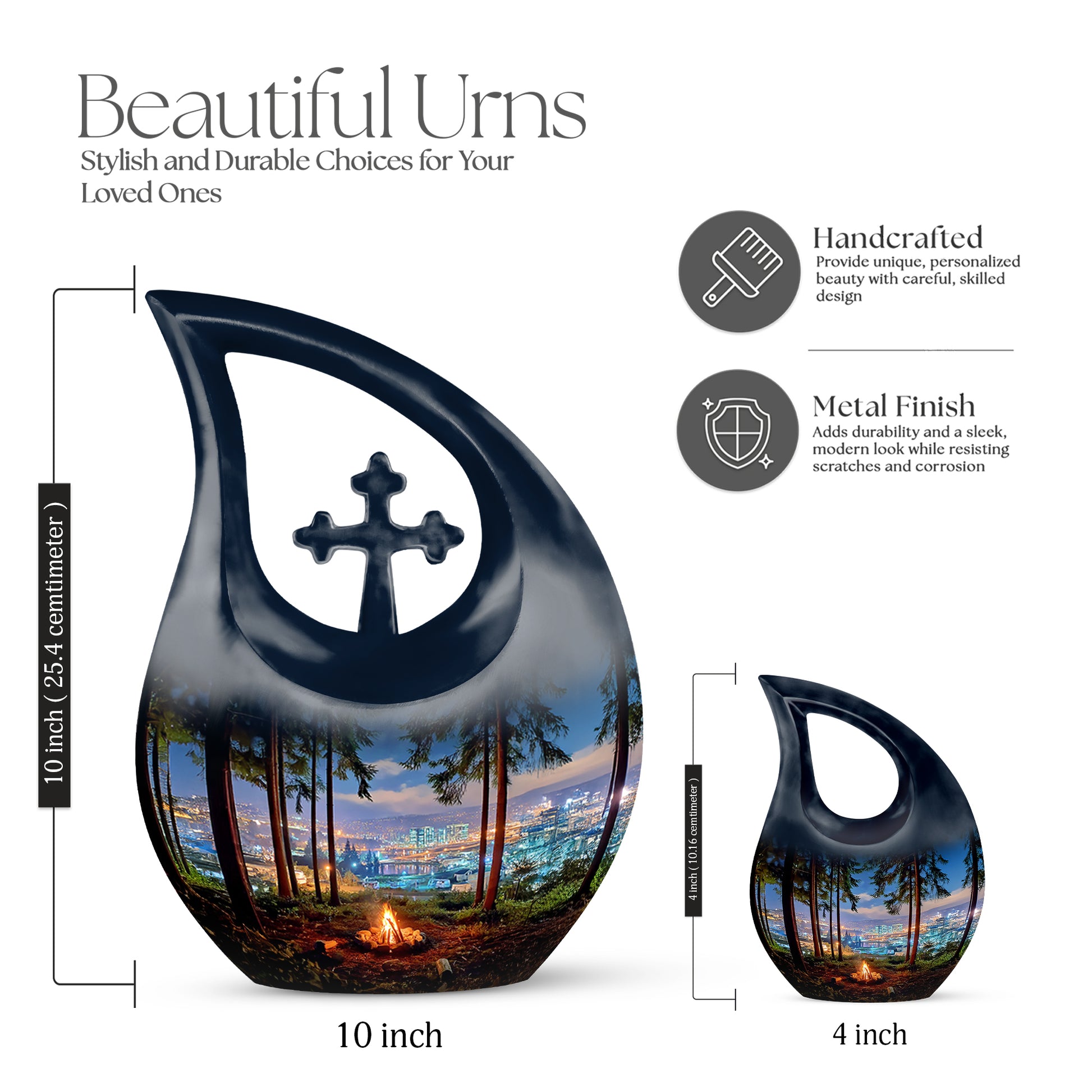 Cornflower Blue Campfire Cremation Urn back view with polished surface - devotional cross-drop campfire engraving - mini keepsake memorial for portion of cremation ashes
