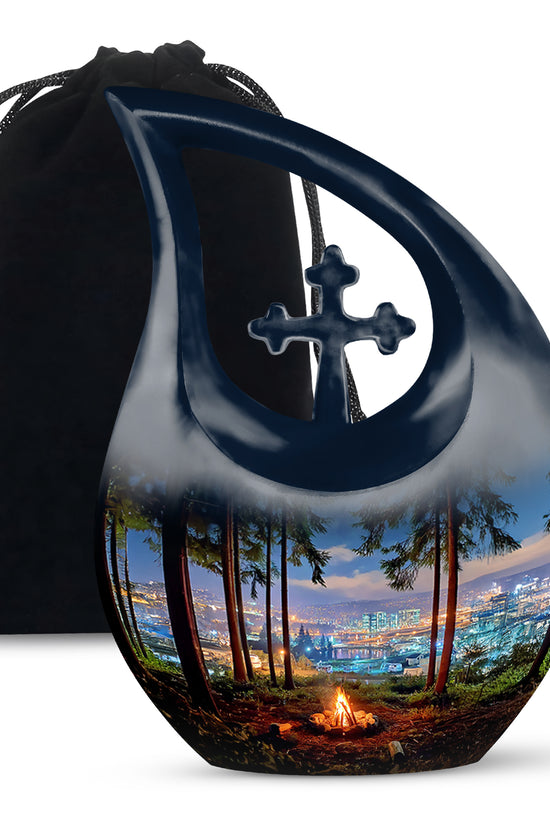 Indigo Campfire Cremation Urn top-down view of secure threaded lid - cross and campfire combined in spiritual memorial design - full-size 10 inch 200 cubic inch adult cremation urn