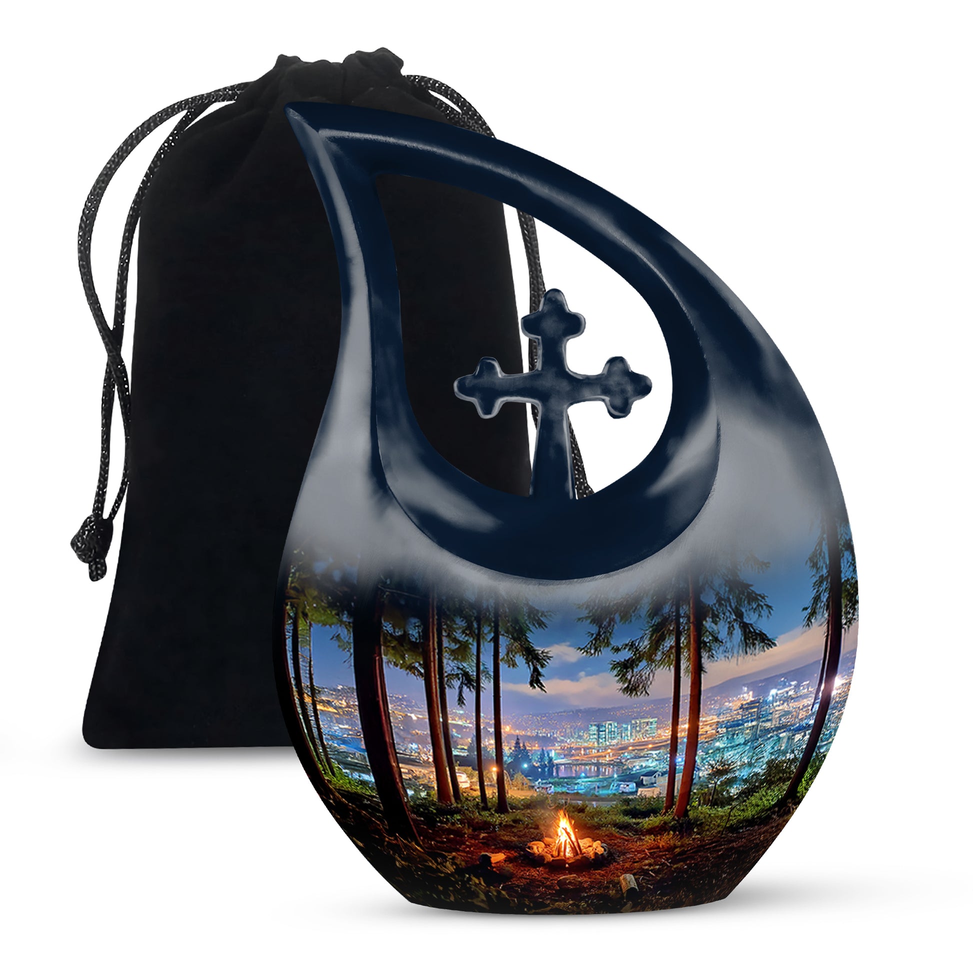 Indigo Campfire Cremation Urn top-down view of secure threaded lid - cross and campfire combined in spiritual memorial design - full-size 10 inch 200 cubic inch adult cremation urn