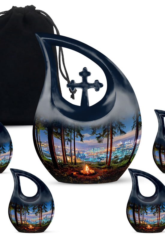 Dusty Blue Campfire Cremation Urn urn with complimentary velvet bag - sacred cross merged with campfire motif on metal - memorial set with one large and four small urns
