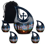 Dusty Blue Campfire Cremation Urn urn with complimentary velvet bag - sacred cross merged with campfire motif on metal - memorial set with one large and four small urns