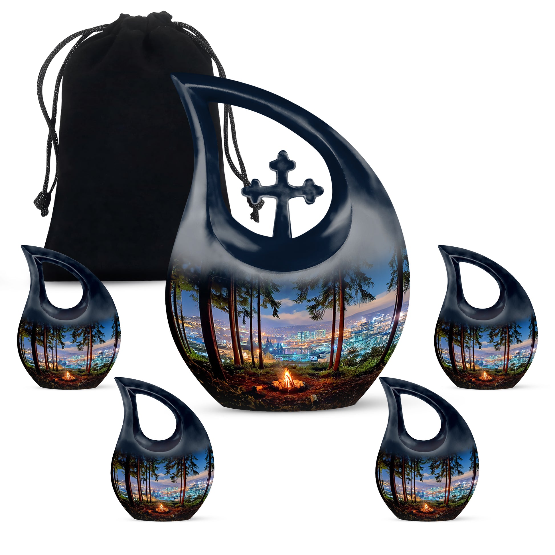 Dusty Blue Campfire Cremation Urn urn with complimentary velvet bag - sacred cross merged with campfire motif on metal - memorial set with one large and four small urns