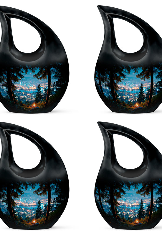 Cobalt Blue Campfire Cremation Urn lifestyle display on memorial shelf - faith-inspired cross-drop urn with campfire pattern - 10 inch aluminum urn for cremated remains